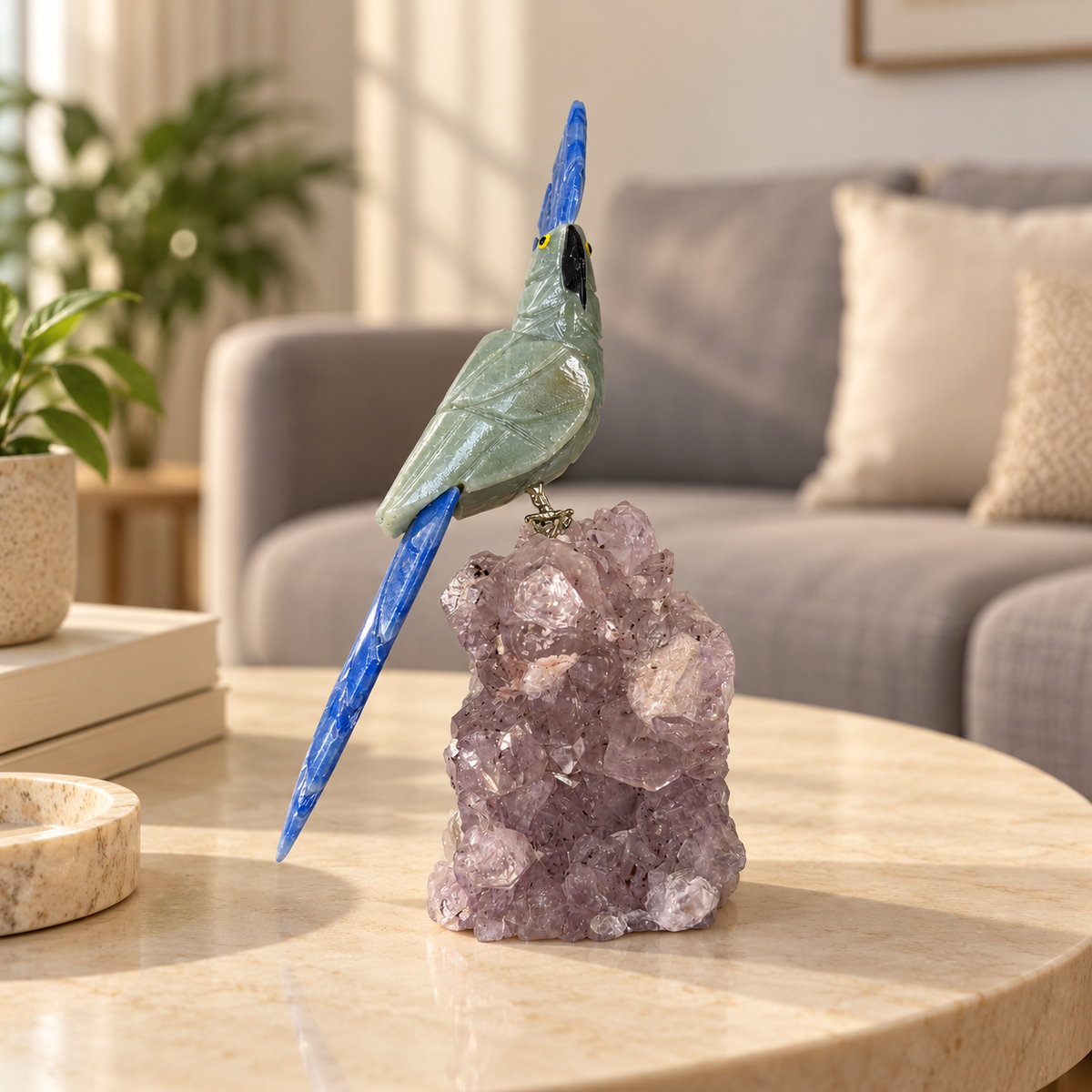 Aviora Green Aventurine Gemstone Bird – Blue Sodalite Crystal Parrot on Amethyst Base, Prosperity & Harmony Symbol, 6.5 Inch, 0.600 kg