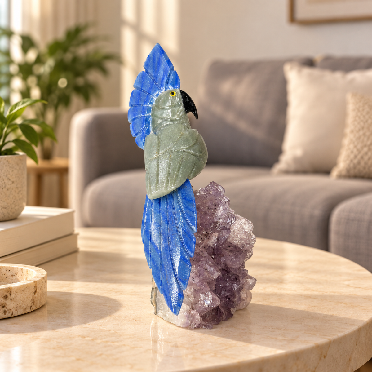 Aviora Green Aventurine Gemstone Bird – Blue Sodalite Crystal Parrot on Amethyst Base, Prosperity & Harmony Symbol, 6.5 Inch, 0.600 kg
