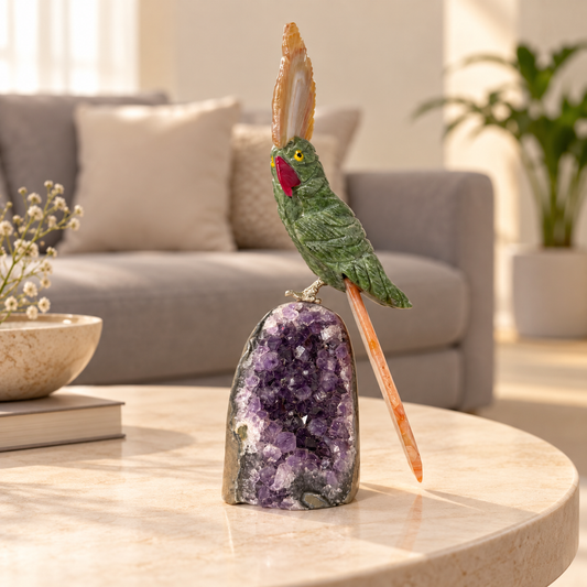 Aventara Amethyst Gemstone Bird – Green Aventurine & Agate Crystal Parrot Home Décor, Prosperity & Positivity Symbol, 7.0 Inch, 0.450 kg