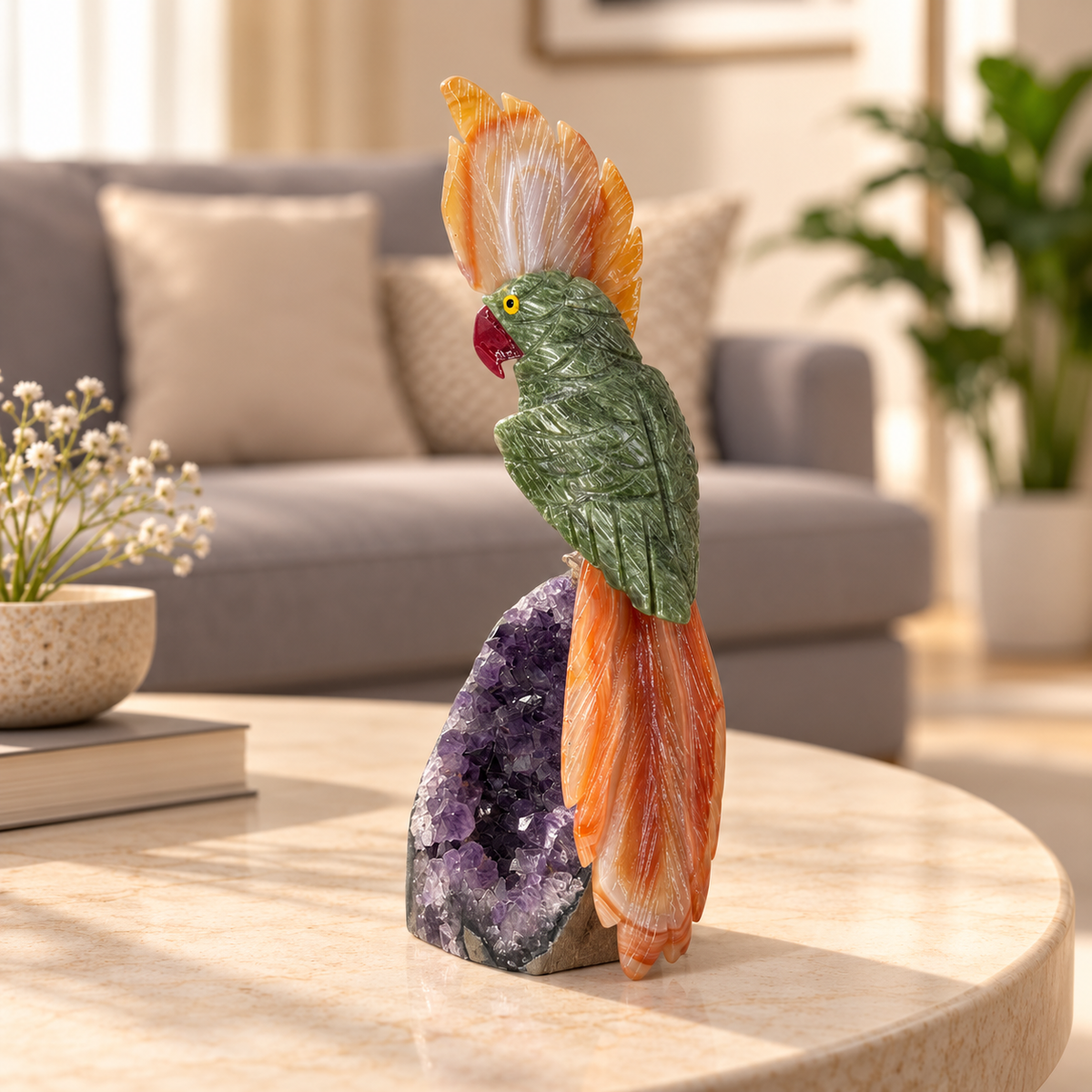 Aventara Amethyst Gemstone Bird – Green Aventurine & Agate Crystal Parrot Home Décor, Prosperity & Positivity Symbol, 7.0 Inch, 0.450 kg