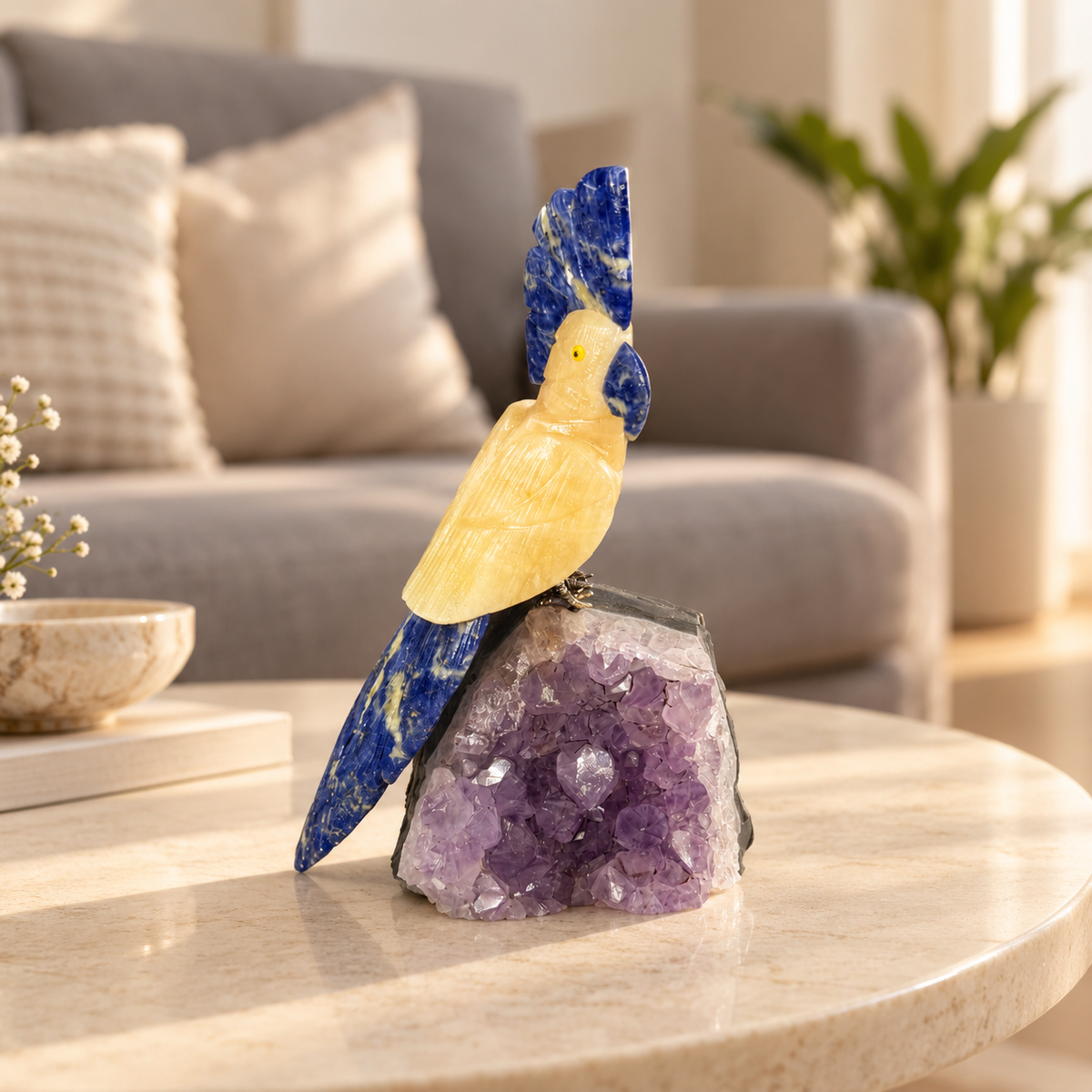 Solviera Yellow Calcite Gemstone Bird – Blue Sodalite Crystal Parrot on Amethyst Base, Positivity & Clarity Symbol, 5.5 Inch, 0.615 kg