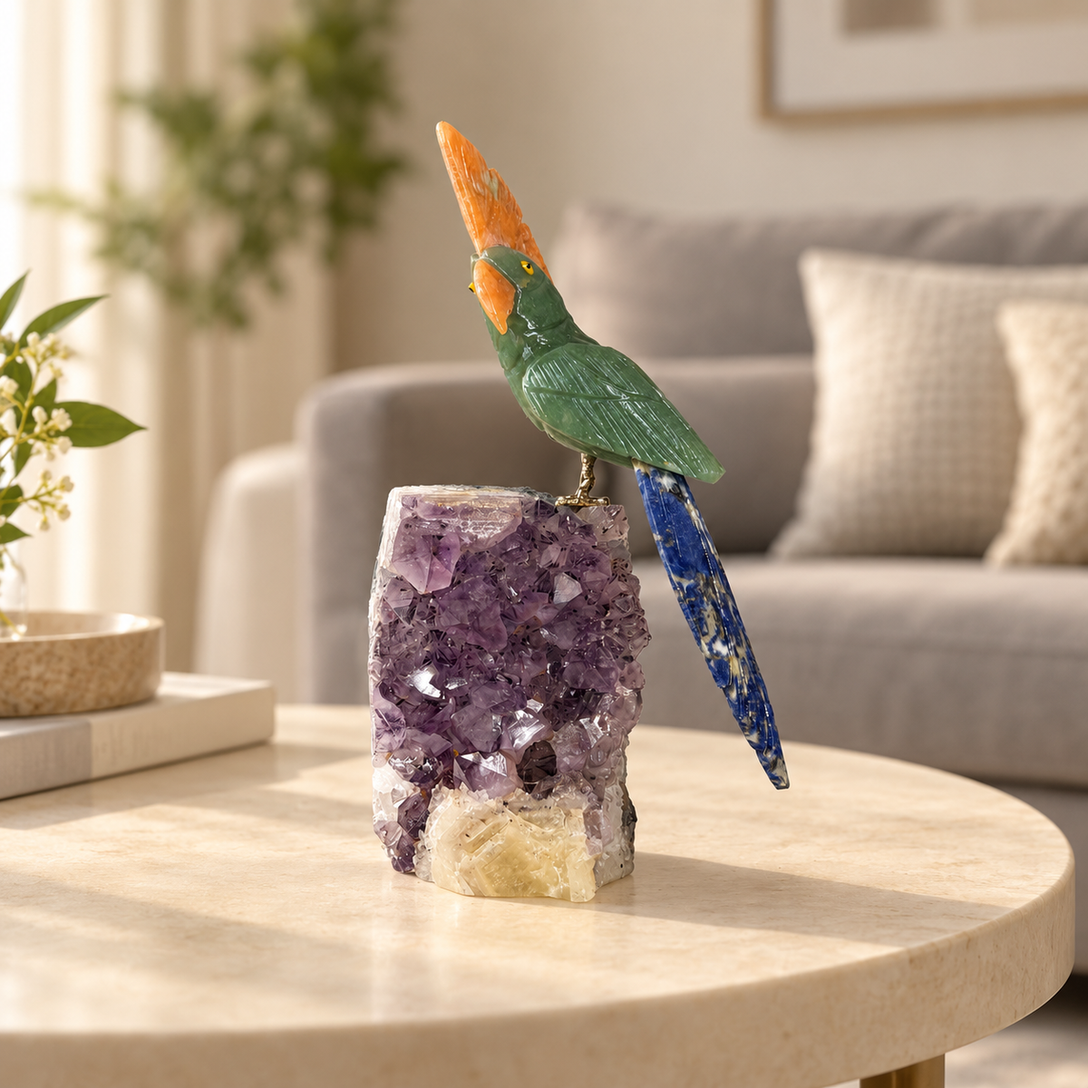 Aventora Amethyst Gemstone Bird – Green Aventurine, Blue Sodalite & Orange Calcite Crystal Parrot Home Décor, Prosperity & Harmony Symbol, 7.0 Inch, 0.715 kg