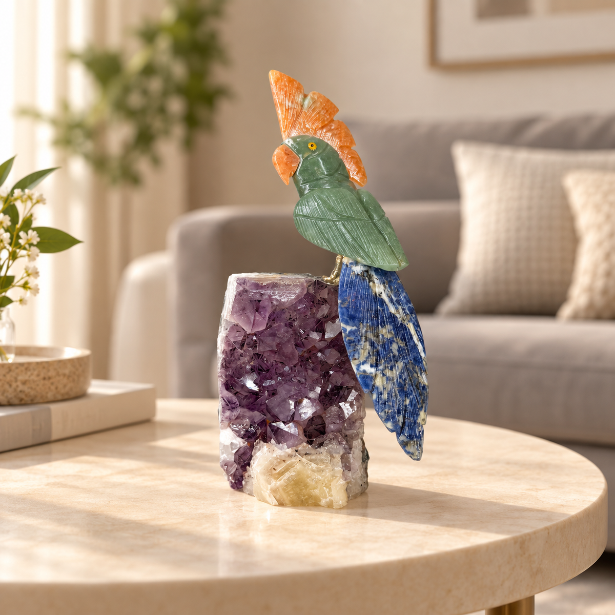 Aventora Amethyst Gemstone Bird – Green Aventurine, Blue Sodalite & Orange Calcite Crystal Parrot Home Décor, Prosperity & Harmony Symbol, 7.0 Inch, 0.715 kg