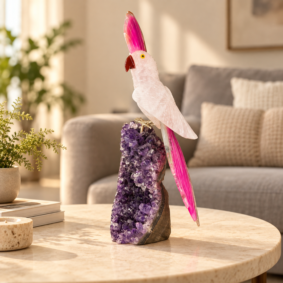 Rosavelle Rose Quartz Gemstone Bird – Pink Agate Crystal Parrot on Amethyst Base, Love & Harmony Symbol, 10.5 Inch, 1.230 kg