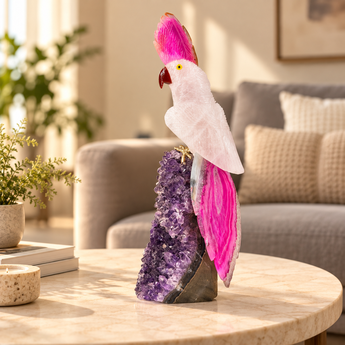 Rosavelle Rose Quartz Gemstone Bird – Pink Agate Crystal Parrot on Amethyst Base, Love & Harmony Symbol, 10.5 Inch, 1.230 kg