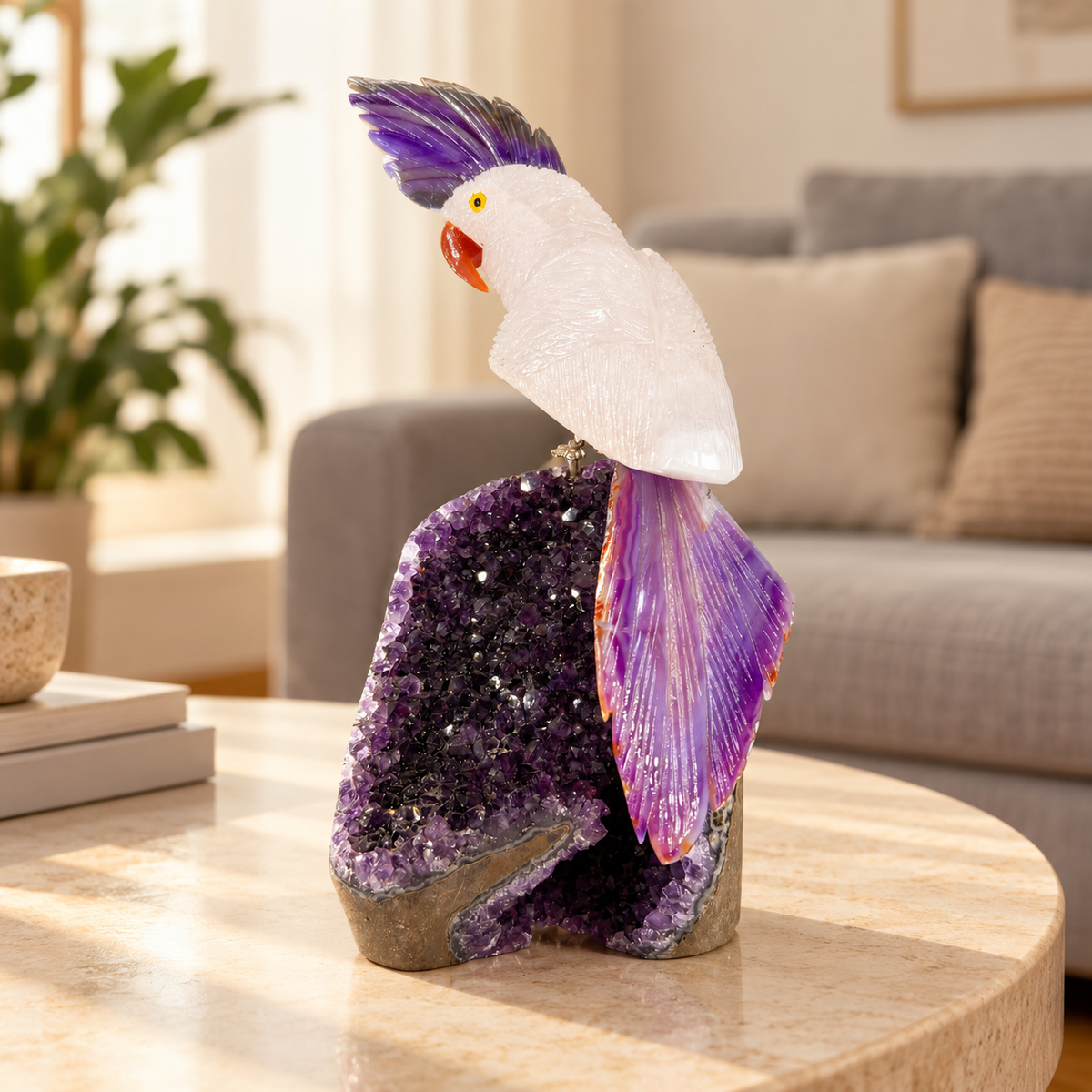 Aurevia White Quartz & Blue Sodalite Gemstone Bird – Crystal Parrot on Amethyst Home Décor, Clarity & Wisdom Symbol, 9 Inch, 1.436 kg