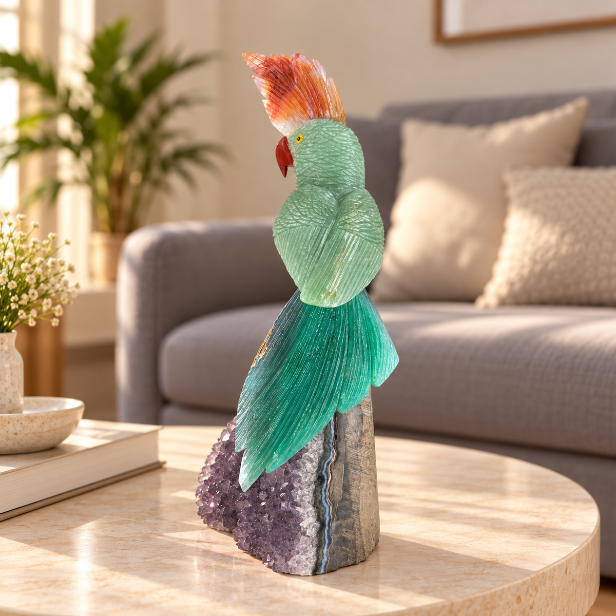 Jadevia Amethyst Gemstone Bird – Green Jade & Agate Crystal Parrot Home Décor, Prosperity & Harmony Symbol, 9.5 Inch, 1.384 kg