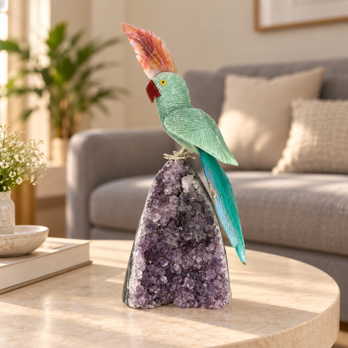 Jadevia Amethyst Gemstone Bird – Green Jade & Agate Crystal Parrot Home Décor, Prosperity & Harmony Symbol, 9.5 Inch, 1.384 kg