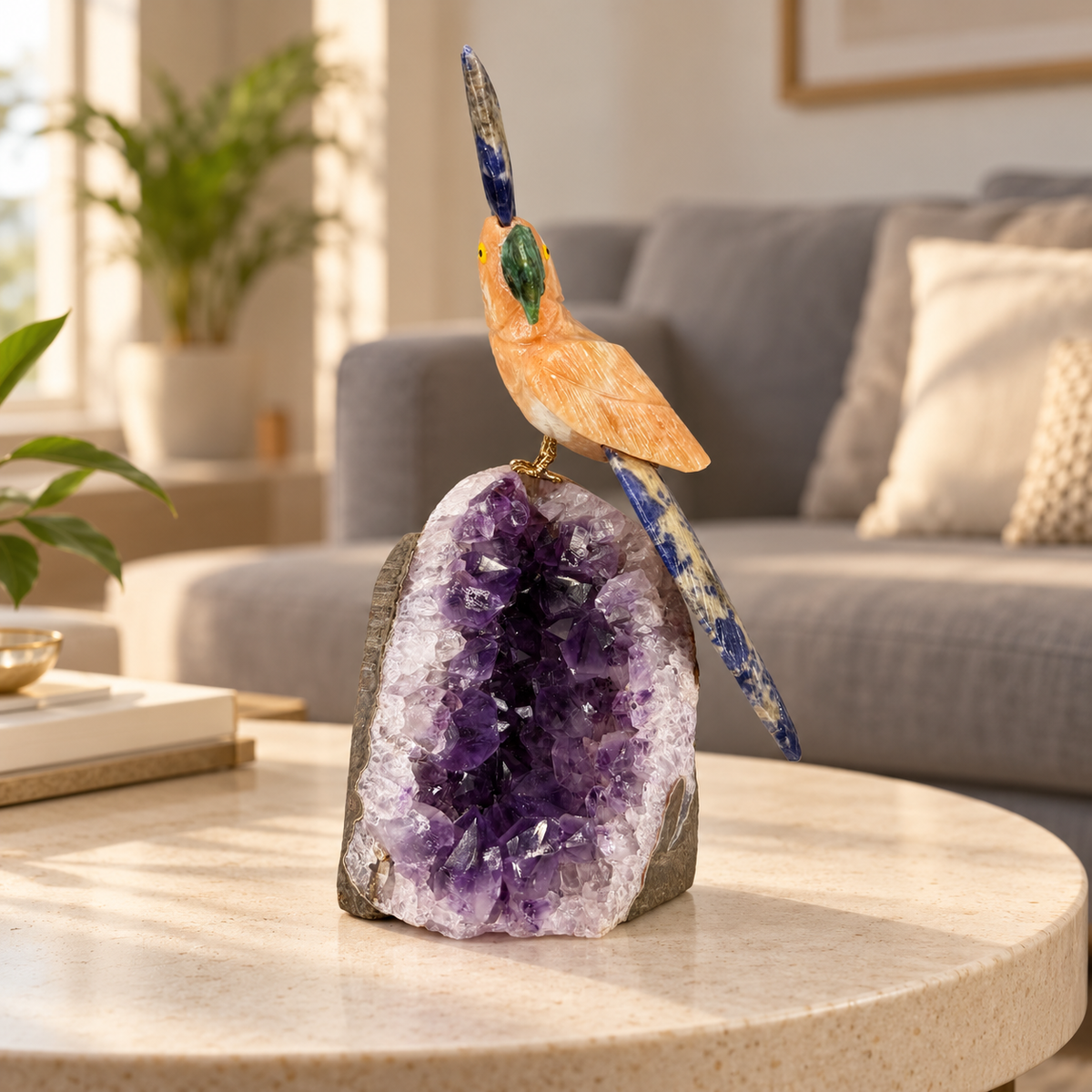 Solviera Amethyst Gemstone Bird – Yellow Calcite & Blue Sodalite Crystal Parrot Home Décor, Positivity & Wisdom Symbol, 7.0 Inch, 0.854 kg