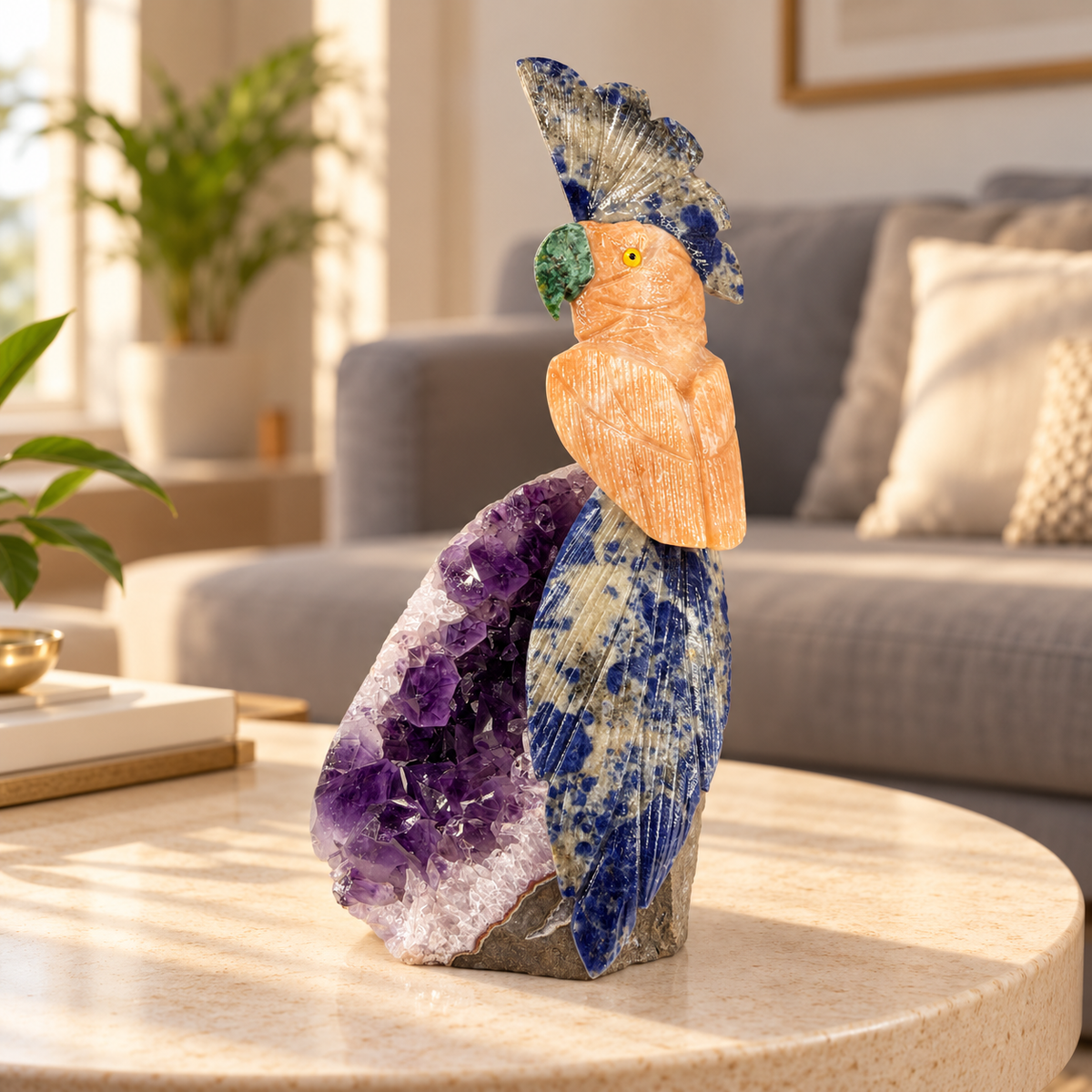 Solviera Amethyst Gemstone Bird – Yellow Calcite & Blue Sodalite Crystal Parrot Home Décor, Positivity & Wisdom Symbol, 7.0 Inch, 0.854 kg
