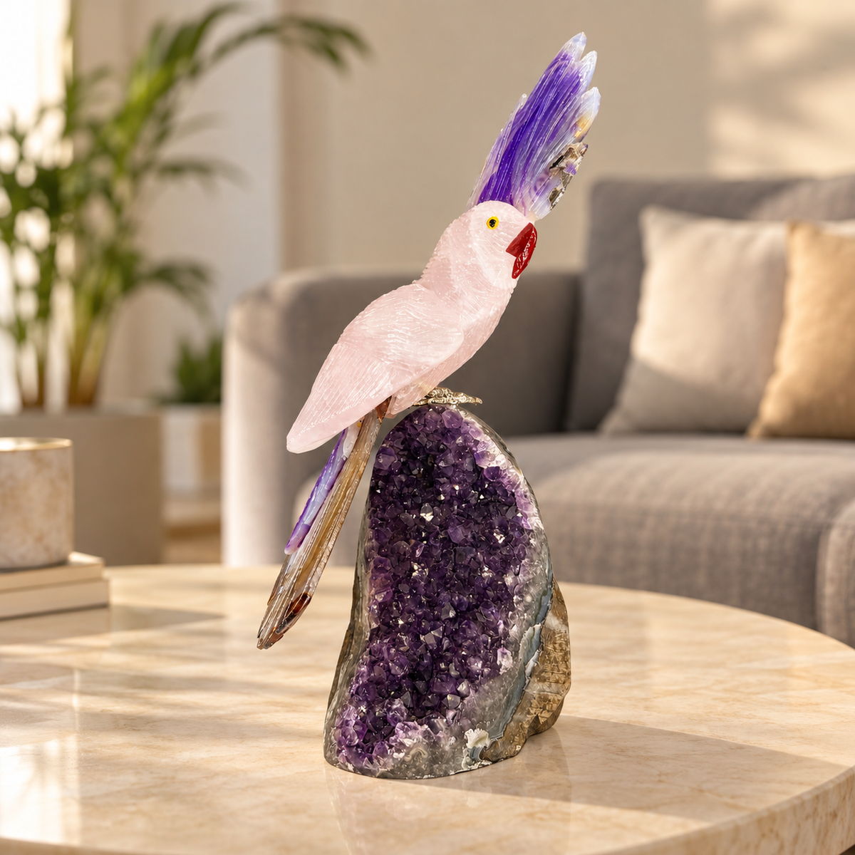 Rosavelle Rose Quartz & Purple Agate Gemstone Bird – Amethyst Crystal Parrot Home Décor, Love & Harmony Symbol, 9.5 Inch, 1.300 kg