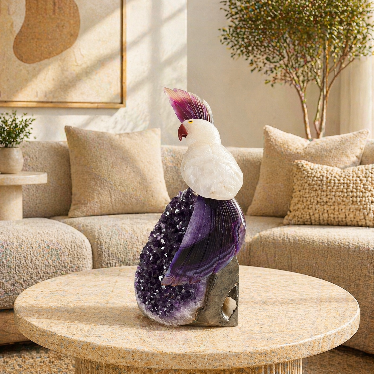 Velmora Amethyst Gemstone Bird – White Stone & Pink/Purple Agate Crystal Parrot Décor, Harmony & Elegance Symbol (12 Inch, 4.7 kg)