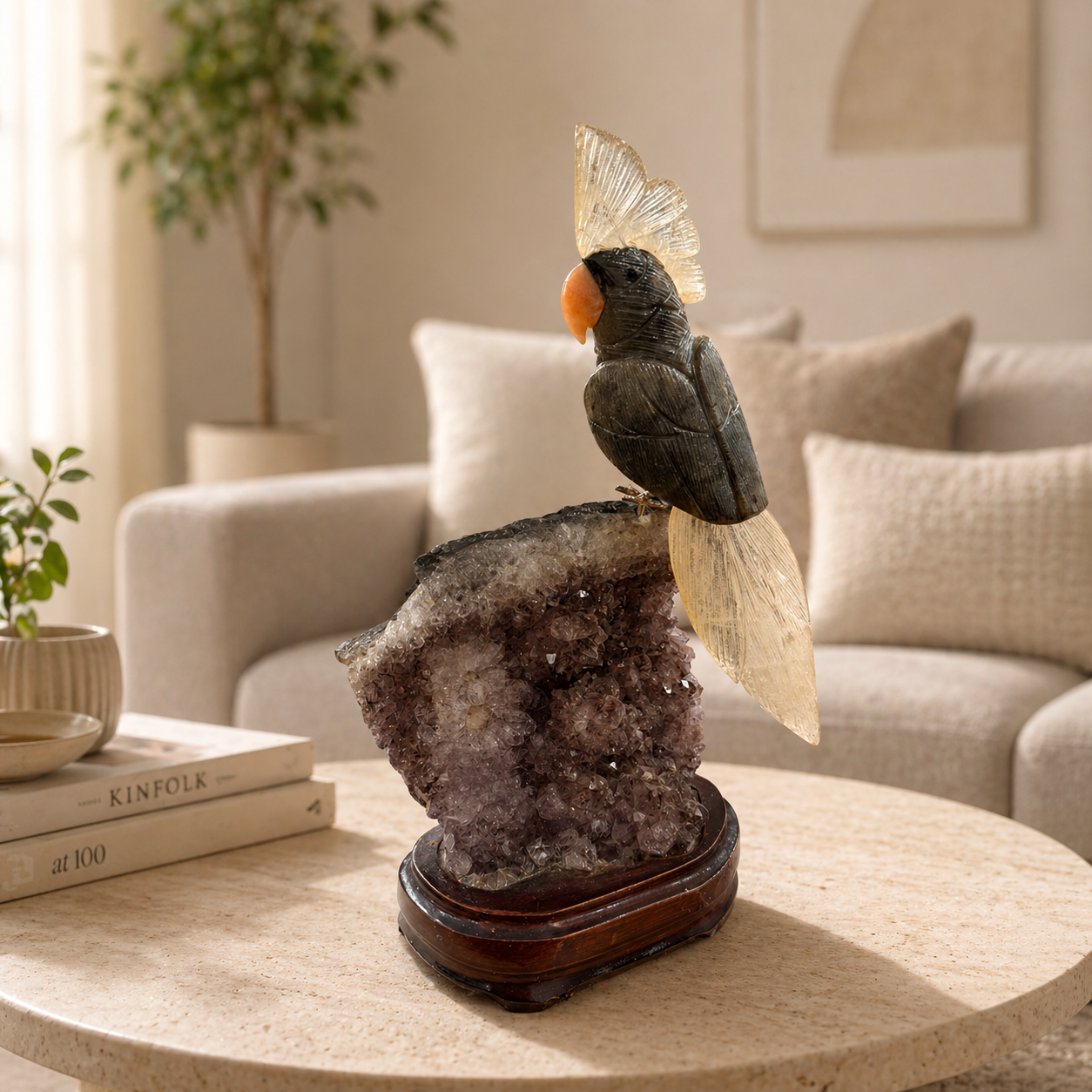 Crystora Amethyst Gemstone Bird – Black Tourmaline & Quartz Parrot Décor, Clarity & Protection Symbol (11 Inch, 2 kg)