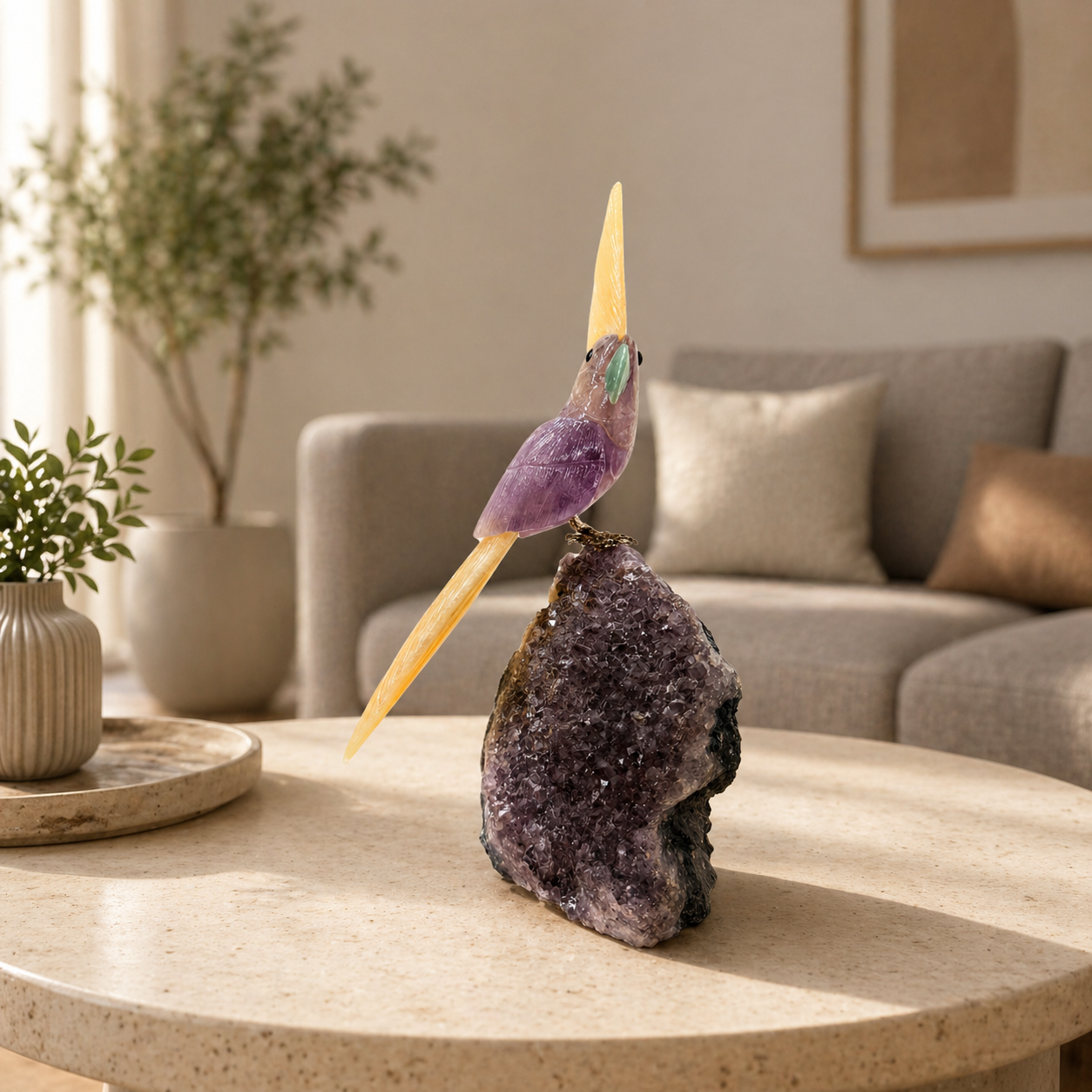 Solviera Amethyst Gemstone Bird – Yellow Calcite Crest Crystal Parrot Décor, Calm & Positivity Symbol (10 Inch, 1.7 kg)