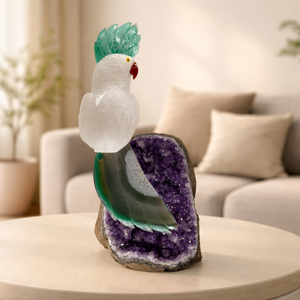 Aurelia Amethyst Gemstone Bird – Quartz & Agate Crystal Parrot Décor, Harmony & Clarity Symbol (Approx. 8.5 Inch, 1.5 kg)