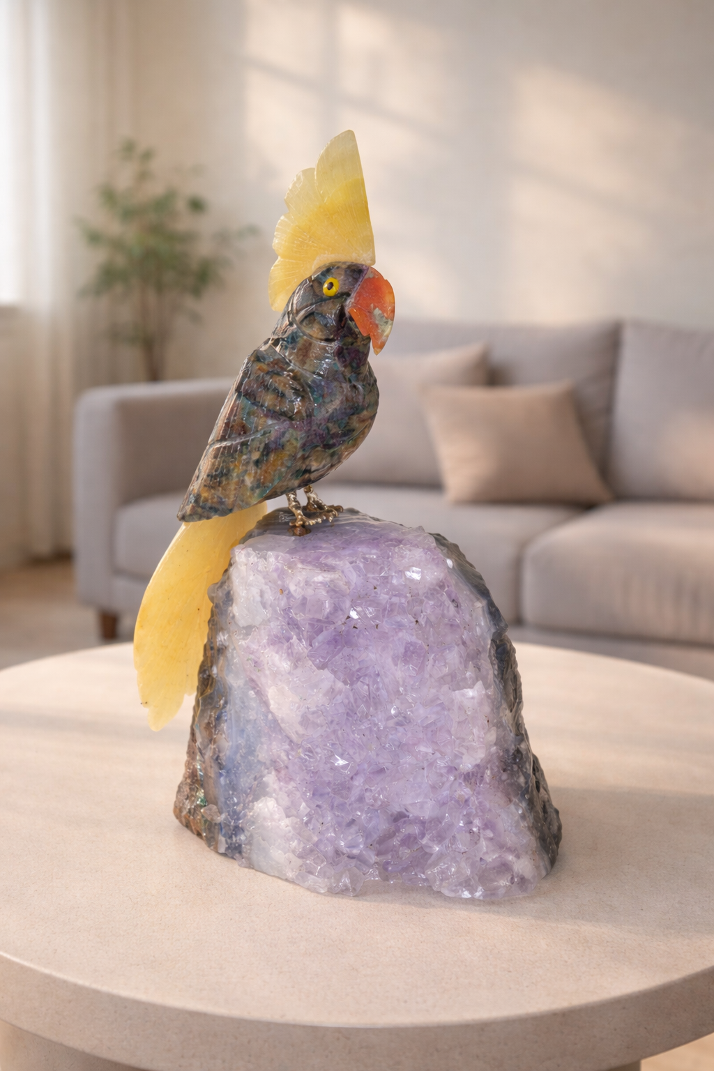 Positive Flow Bird – Ruby Zoisite Yellow Calcite Gemstone Bird – Amethyst Base Home Décor, Growth & Positive Energy Symbol (7 Inch, 780 g)