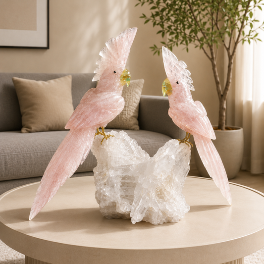 Aurora Rose Quartz Gemstone Cockatoo Duo – One-of-One Crystal Masterpiece Décor, Love & Harmony Symbol | 19 Inch, 8.7kg