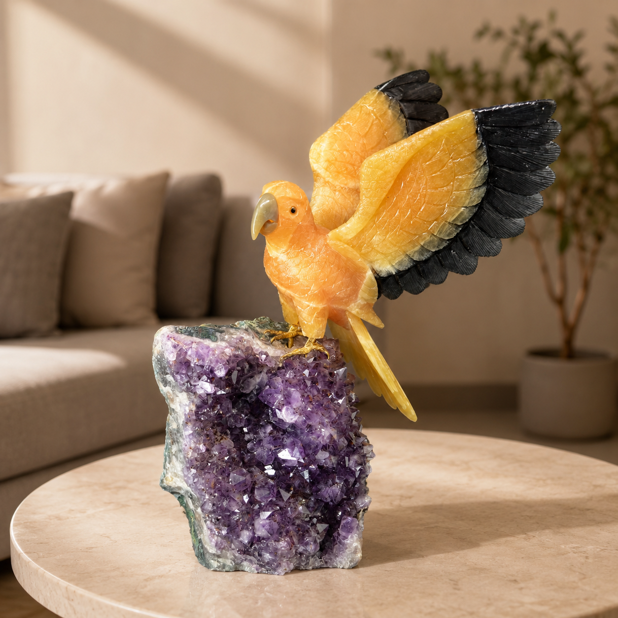 Aurelux Amethyst Gemstone Parrot – Golden Radiance & Prosperity Symbol | 20 Inch, 7.2kg