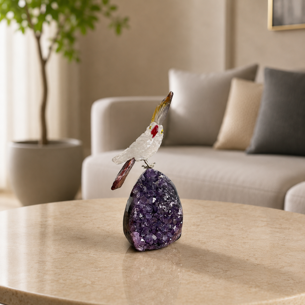 Crystavelle Amethyst Gemstone Bird – Clear Quartz Crystal Parrot Décor, Clarity & Strength Symbol (4 Inch, 182 gm)