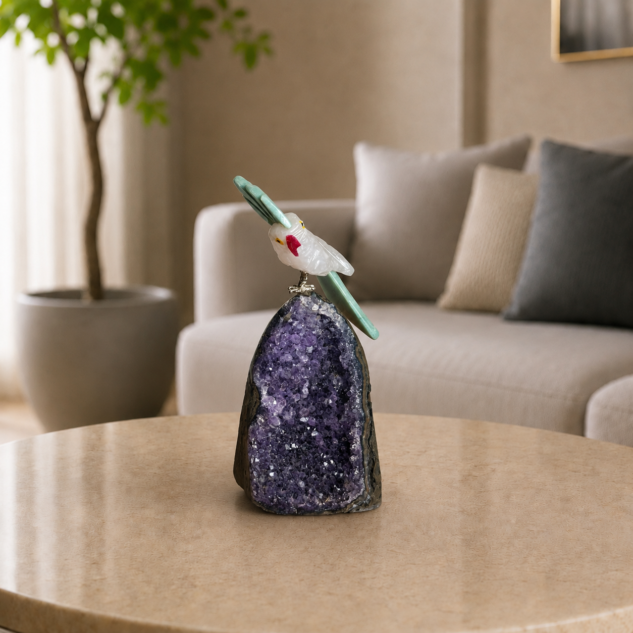 Veridara Amethyst Geode Gemstone Bird – Clear Quartz Crystal Parrot Décor, Clarity & Prosperity Symbol (5.4 Inch, 322 gm)