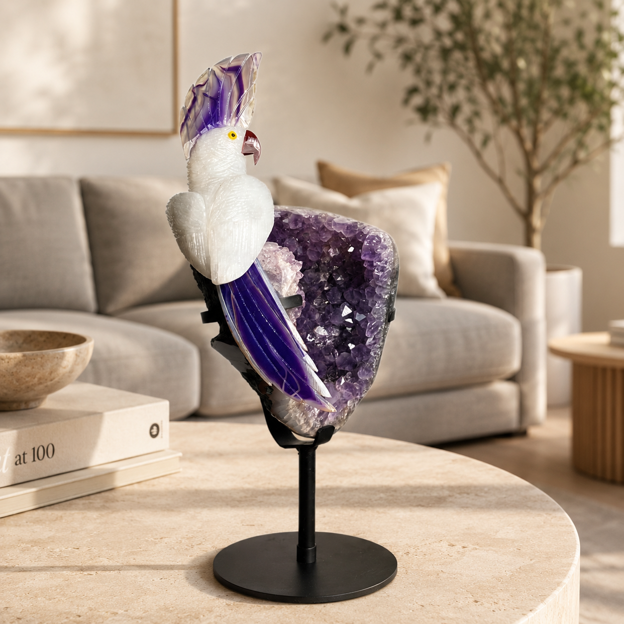 Celestique Amethyst Geode Gemstone Bird Sculpture – Handcrafted Crystal Bird Luxury Home Décor Showpiece on Metal Stand, Feng Shui & Vastu Decorative Piece 15 Inch, 5.6 Kg
