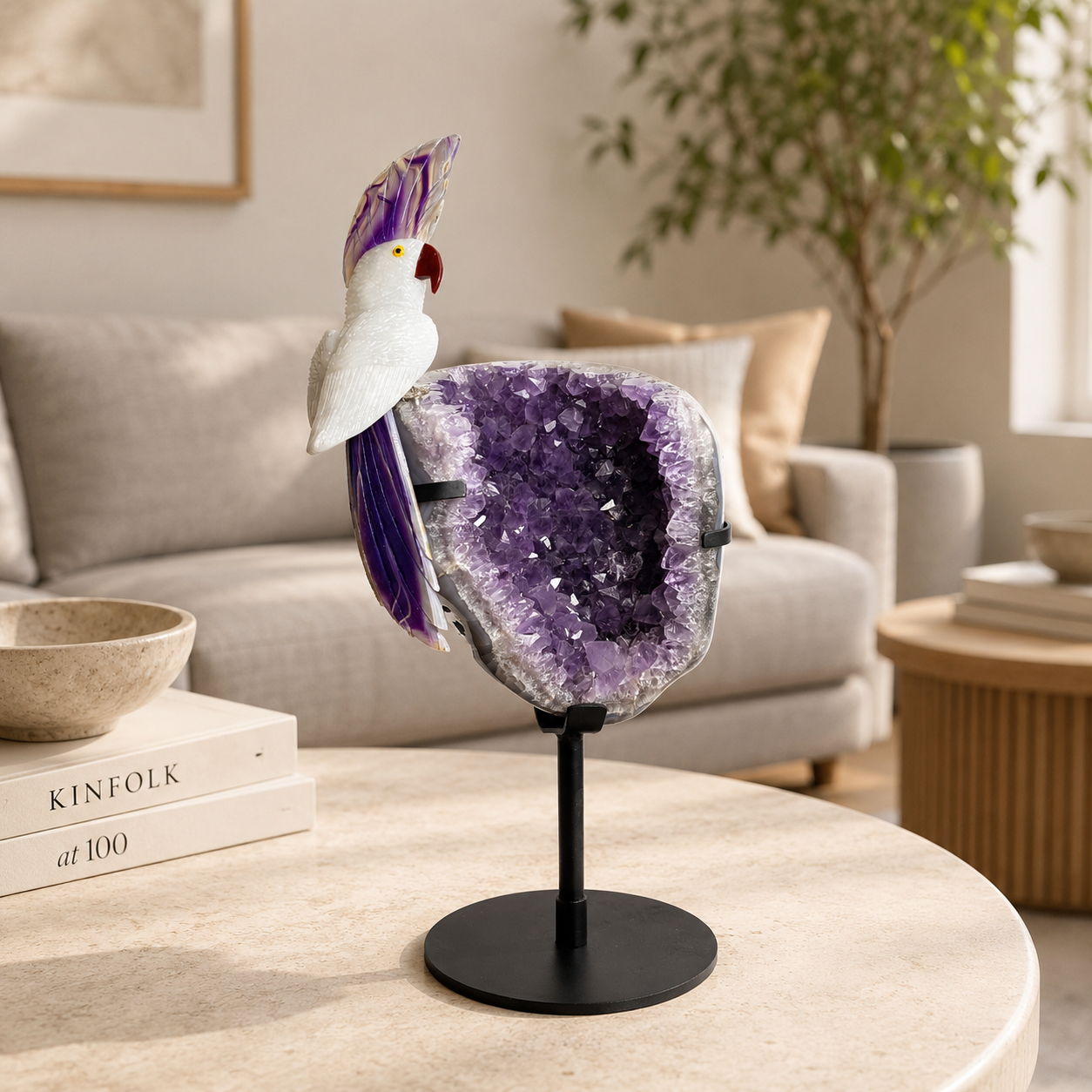 Celestique Amethyst Geode Gemstone Bird Sculpture – Handcrafted Crystal Bird Luxury Home Décor Showpiece on Metal Stand, Feng Shui & Vastu Decorative Piece 15 Inch, 5.6 Kg