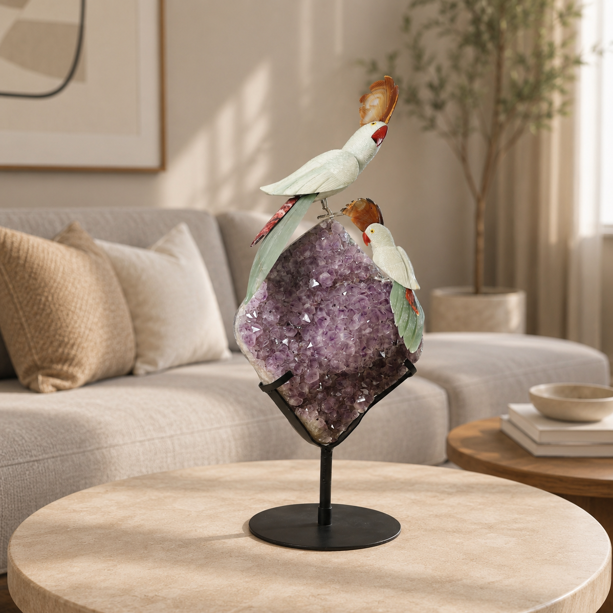 Celestara Amethyst Geode Gemstone Bird Sculpture – Handcrafted Crystal Birds Luxury Home Décor, Feng Shui Healing Showpiece on Metal Stand 26 Inch, 10.8 kg