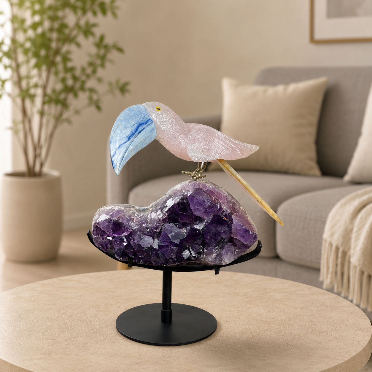 Rosavelle Amethyst Geode & Rose Quartz Gemstone Bird Sculpture – Handcrafted Crystal Bird Luxury Home Décor Showpiece with Metal Stand, Feng Shui & Vastu Decorative Piece 14 Inch, 3.3 Kg