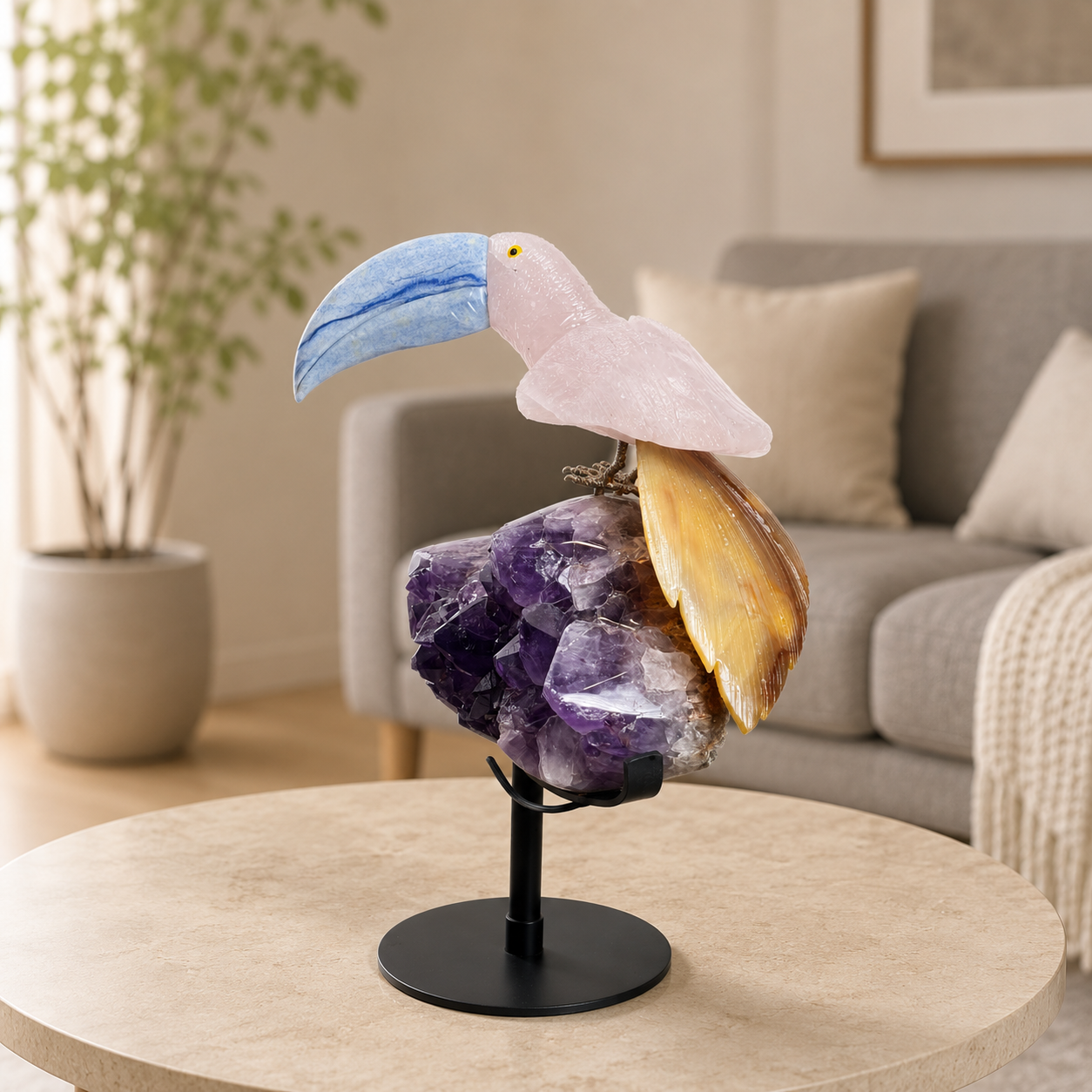 Rosavelle Amethyst Geode & Rose Quartz Gemstone Bird Sculpture – Handcrafted Crystal Bird Luxury Home Décor Showpiece with Metal Stand, Feng Shui & Vastu Decorative Piece 14 Inch, 3.3 Kg
