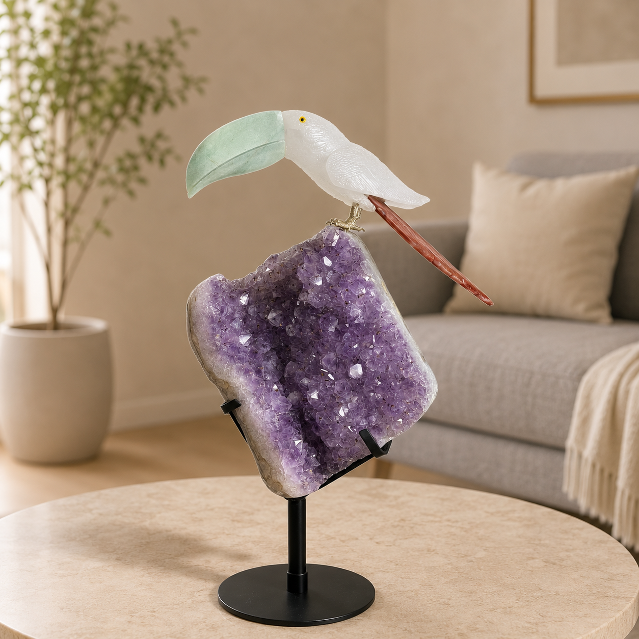 Aurevora Amethyst Geode Gemstone Bird Sculpture – Handcrafted Crystal Birds Luxury Home Décor Showpiece with Metal Stand, Feng Shui & Vastu Decorative Piece 18 Inch, 5 Kg