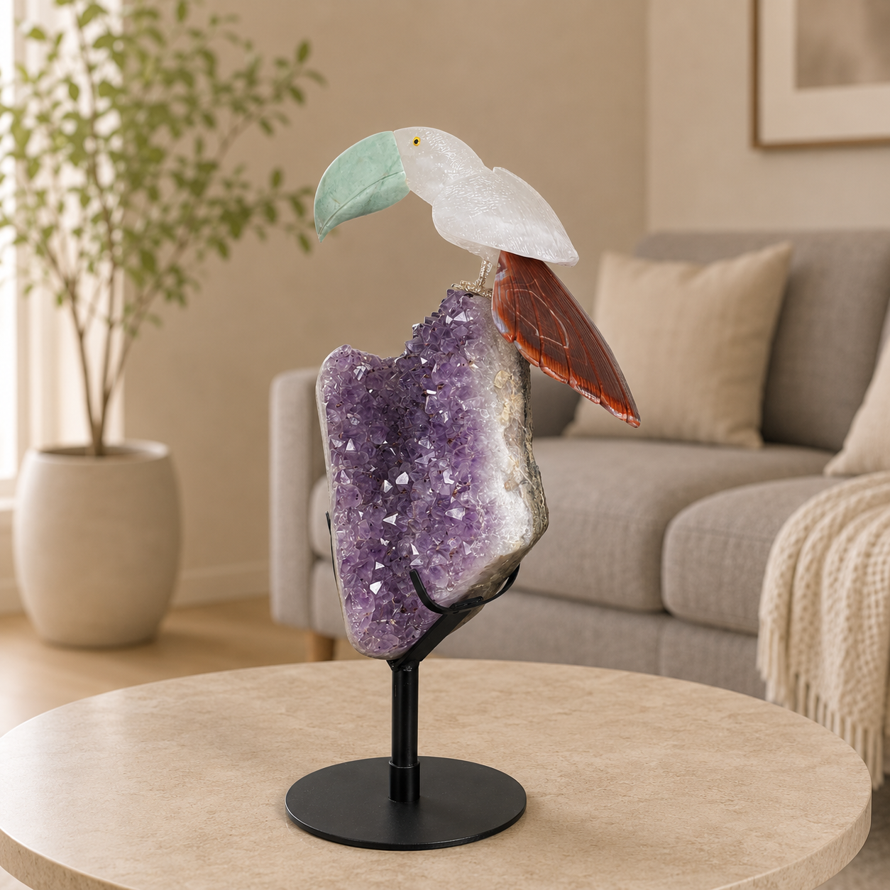 Aurevora Amethyst Geode Gemstone Bird Sculpture – Handcrafted Crystal Birds Luxury Home Décor Showpiece with Metal Stand, Feng Shui & Vastu Decorative Piece 18 Inch, 5 Kg