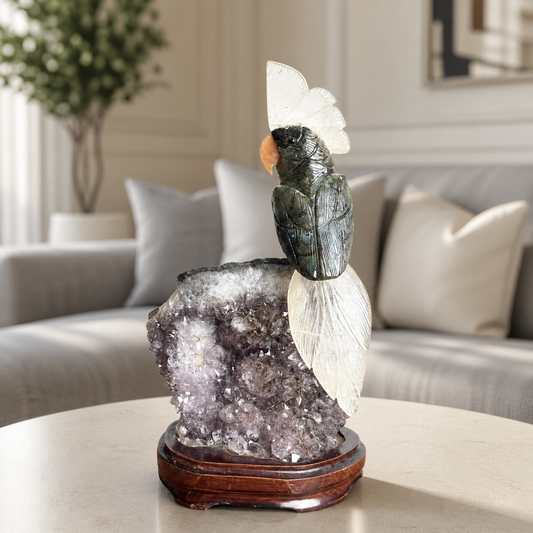 Crystora Amethyst Gemstone Bird – Black Tourmaline & Quartz Parrot Décor, Clarity & Protection Symbol (11 Inch, 2 kg)
