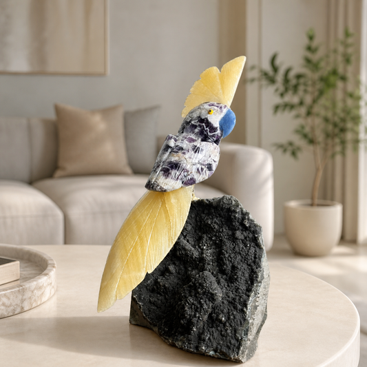 Velmora Dream Amethyst Gemstone Bird – Yellow Calcite Crest Crystal Parrot Décor, Calm & Positivity Symbol (9 Inch, 1.6 kg)