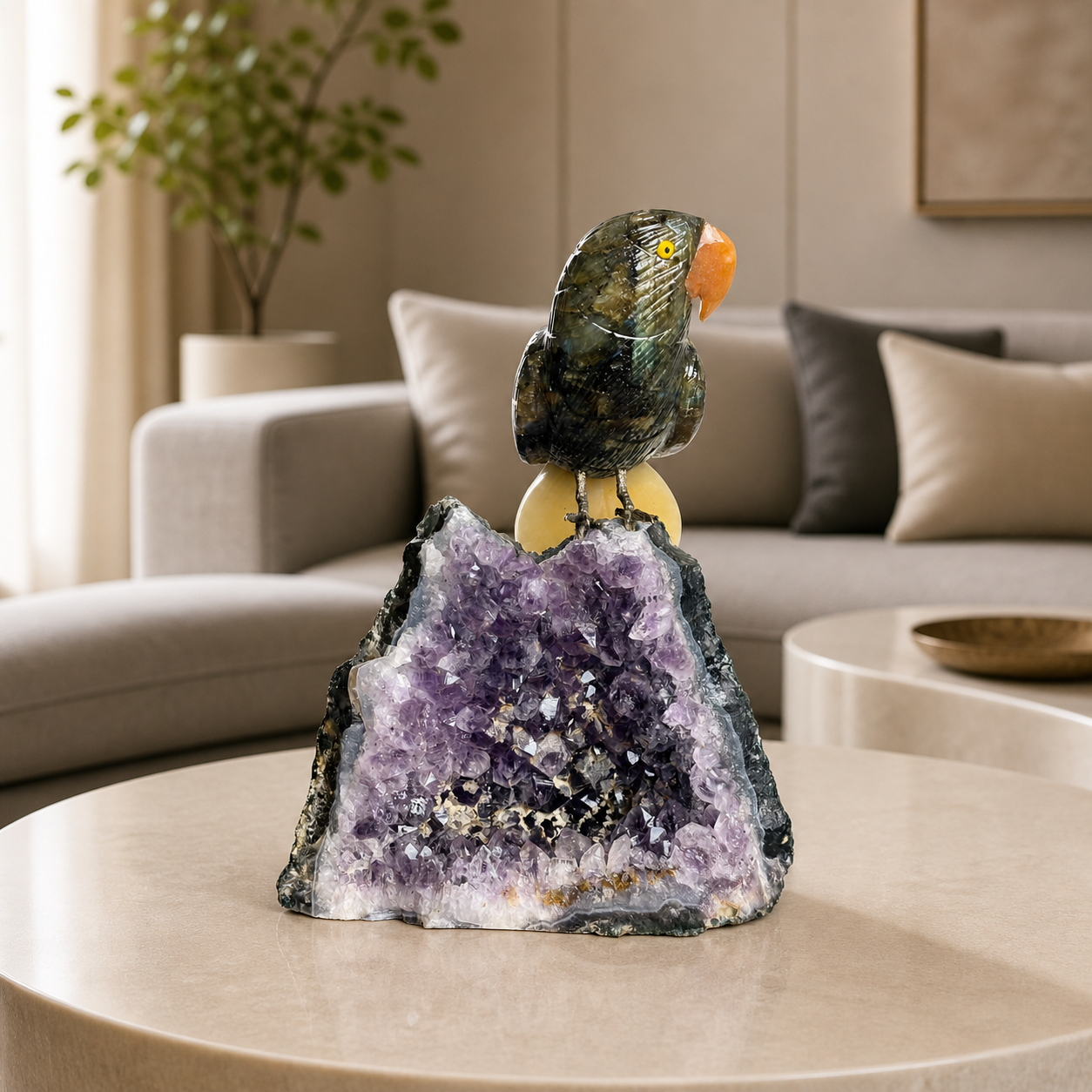 Trinaya Black Tourmaline Gemstone Bird – Yellow Calcite Tail Crystal Parrot Décor, Divine Vision & Balance Symbol (8 Inch, 1.6 kg)