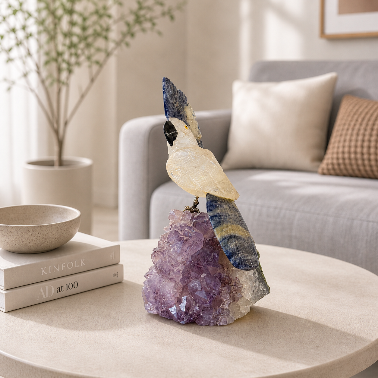 Lumivara Amethyst Gemstone Bird – White Quartz Parrot with Blue Banded Agate Accents, Clarity & Balance Symbol (6.6 Inch, 752 gm)