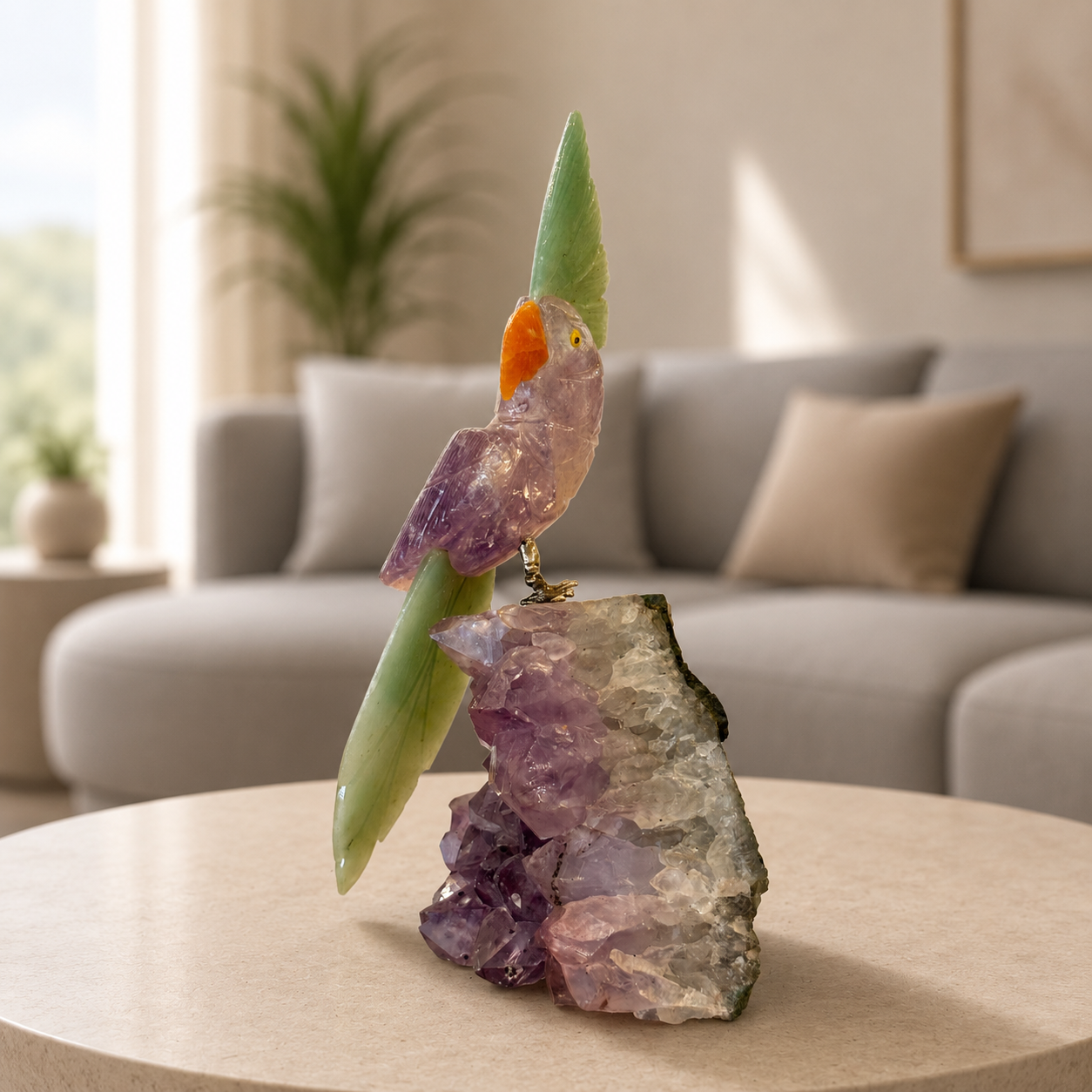 Aventra Amethyst Gemstone Bird – Green Aventurine Tail Crystal Parrot Décor, Growth & Harmony Symbol (6.6 Inch, 510 gm)