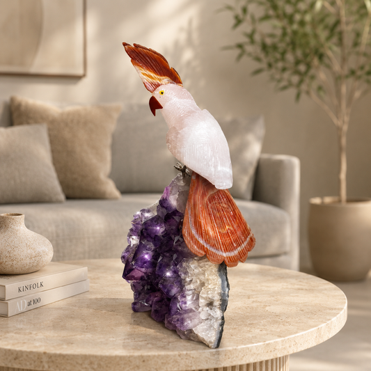 Lumivara White Quartz Gemstone Bird – Brown Agate Crest Crystal Parrot Décor, Harmony & Elegance Symbol (13 Inch, 4 kg)