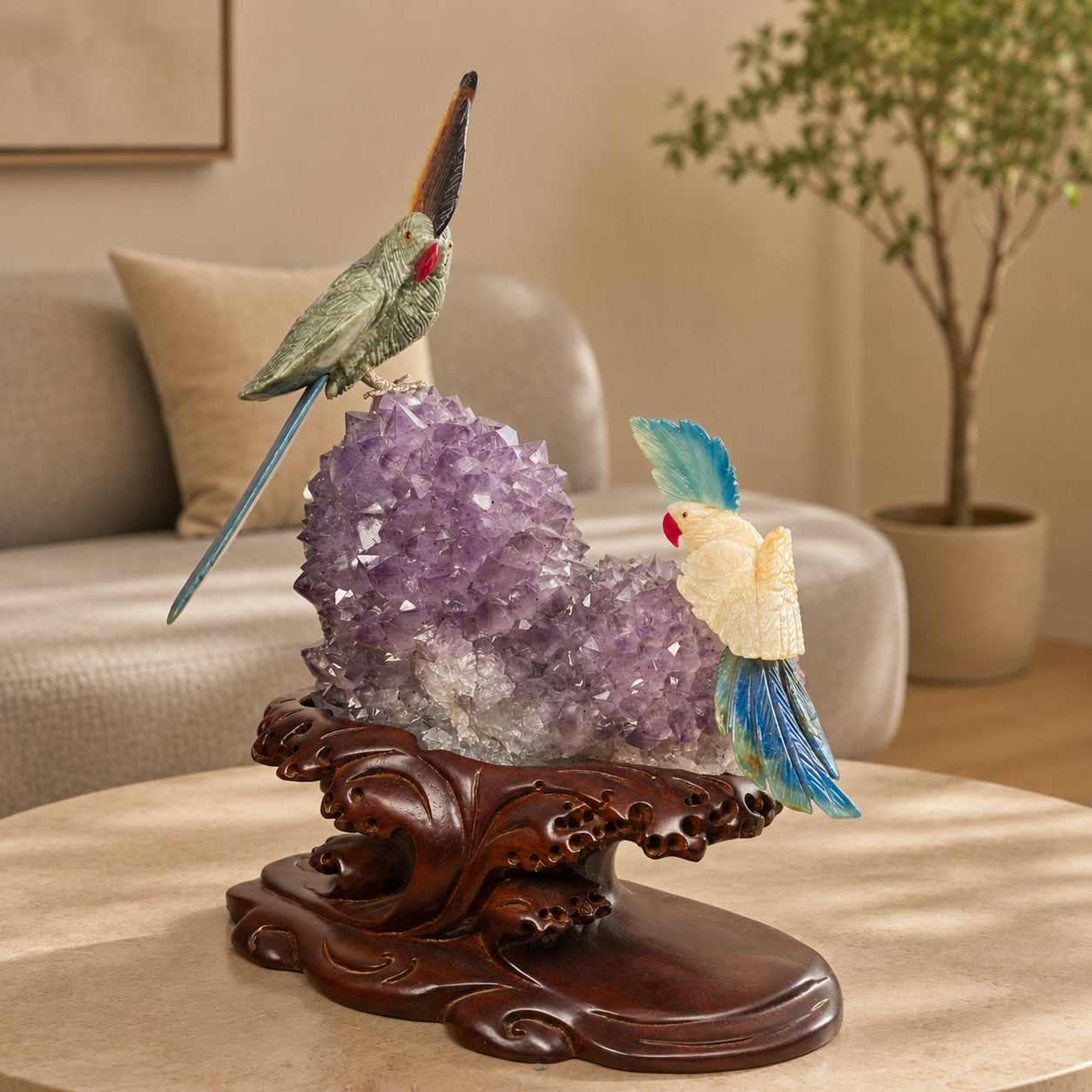 Sylverra Amethyst Gemstone Bird Duo – Crystal Parrot Luxury Décor, Harmony & Elegance Symbol (14 Inch, 6.490 kg)