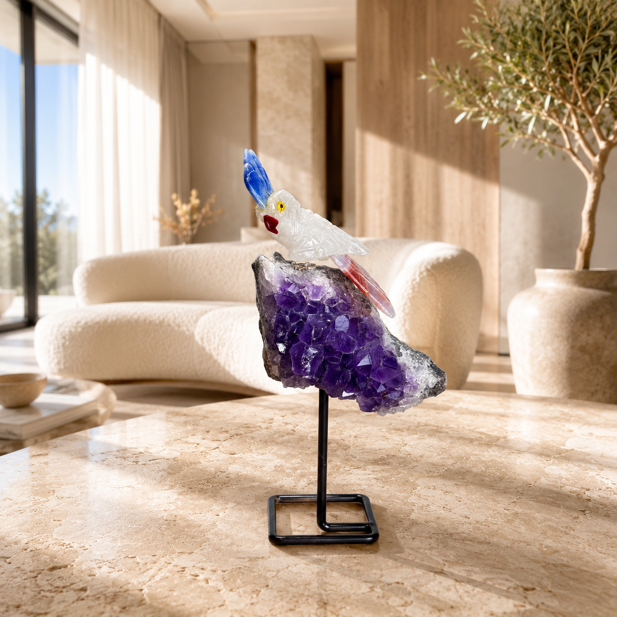 Celestique Amethyst Gemstone Bird – Clear Quartz Crystal Parrot Décor, Clarity & Joy Symbol (5.4 Inch, 266 gm)
