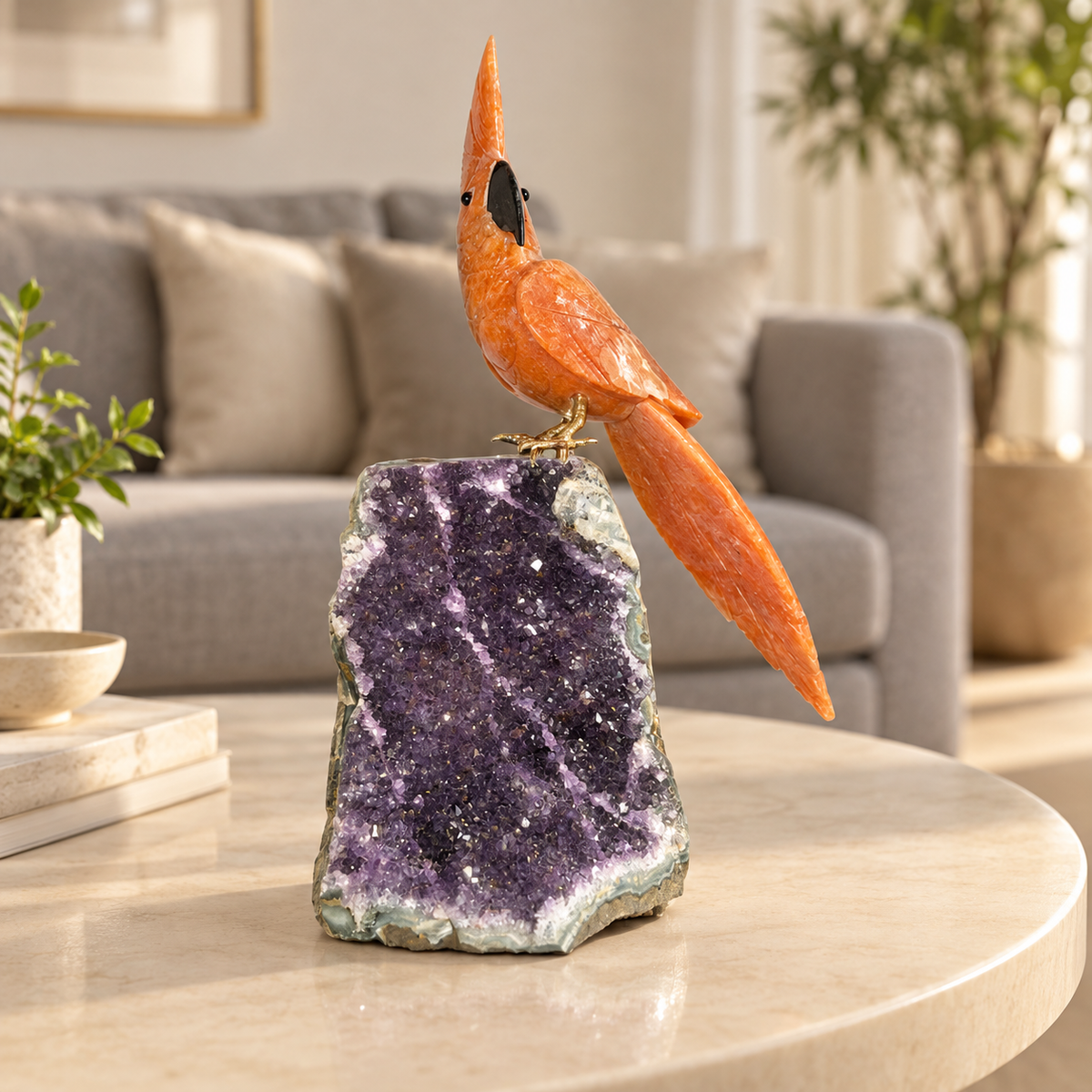Aurelio Orange Calcite Amethyst Gemstone Bird – Crystal Parrot Home Décor, Creativity & Positivity Symbol, 9 Inch, 1.3 kg