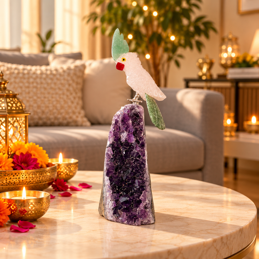 Serenia Amethyst Gemstone Bird – Rose Quartz Crystal Parrot with Green Jade Crown & Ruby Zoisite Tail, Love, Harmony & Positivity Symbol | 5.5 Inch, 0.241 kg