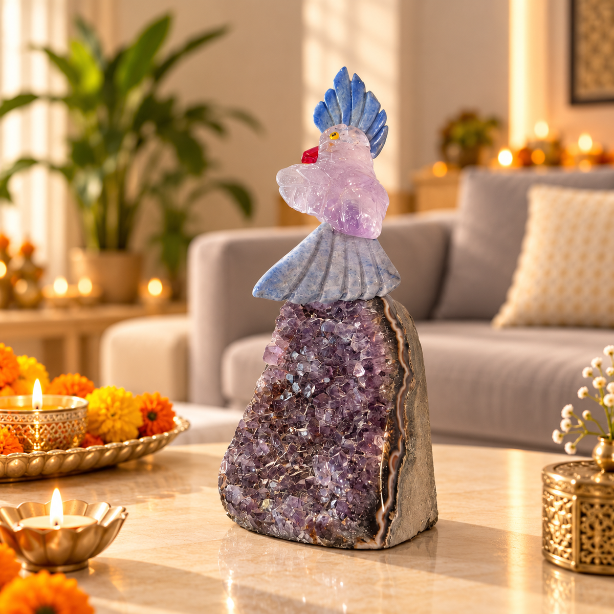 Amethyst & Lapis Lazuli Gemstone Bird – Crystal Parrot Home Décor, Peace, Wisdom & Positive Energy Symbol | 5 Inch, 0.275 kg