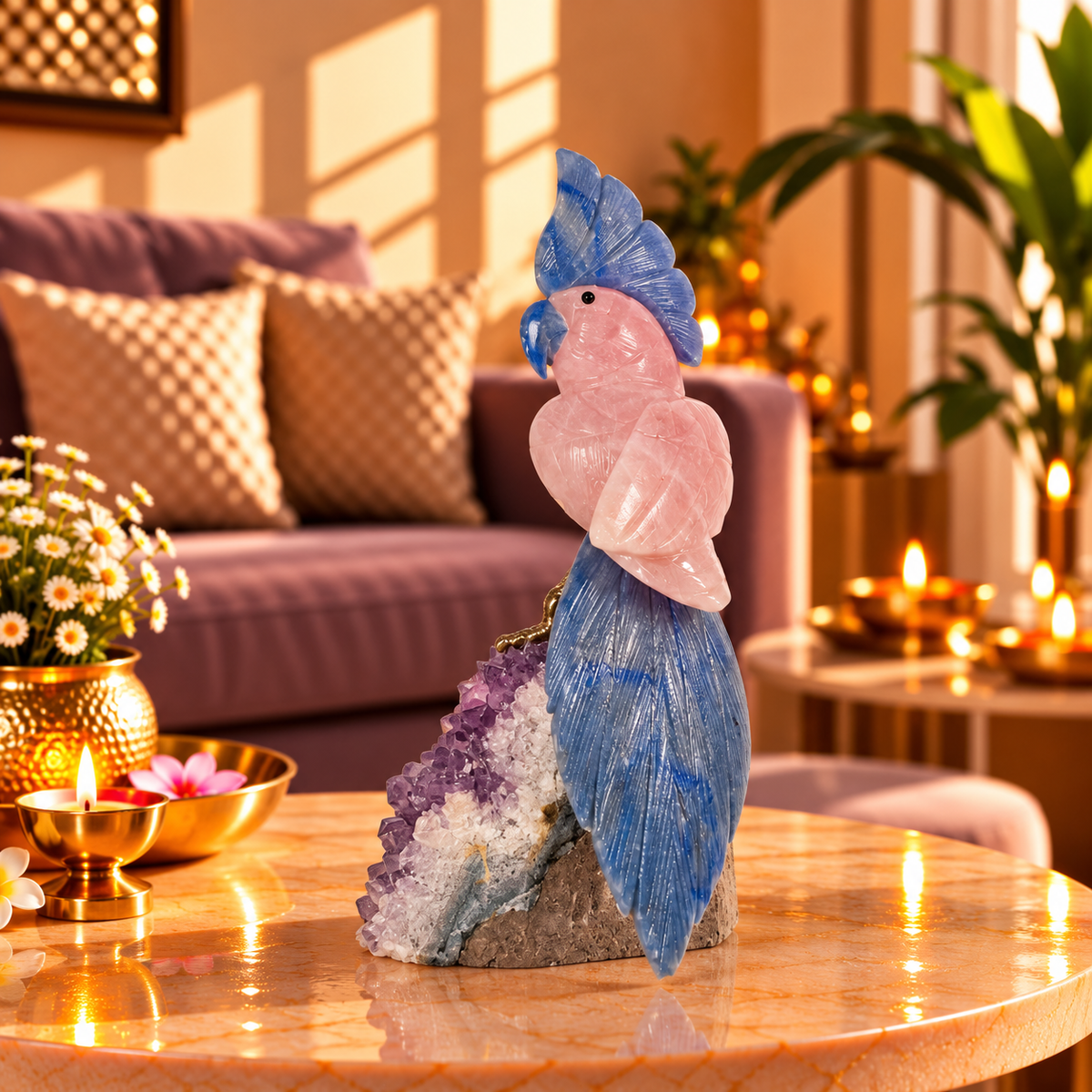 Roselle Amethyst Gemstone Bird – Rose Quartz & Blue Sodalite Crystal Parrot Home Décor, Love, Clarity & Harmony Symbol 8.5 Inch, 1.4 Kg