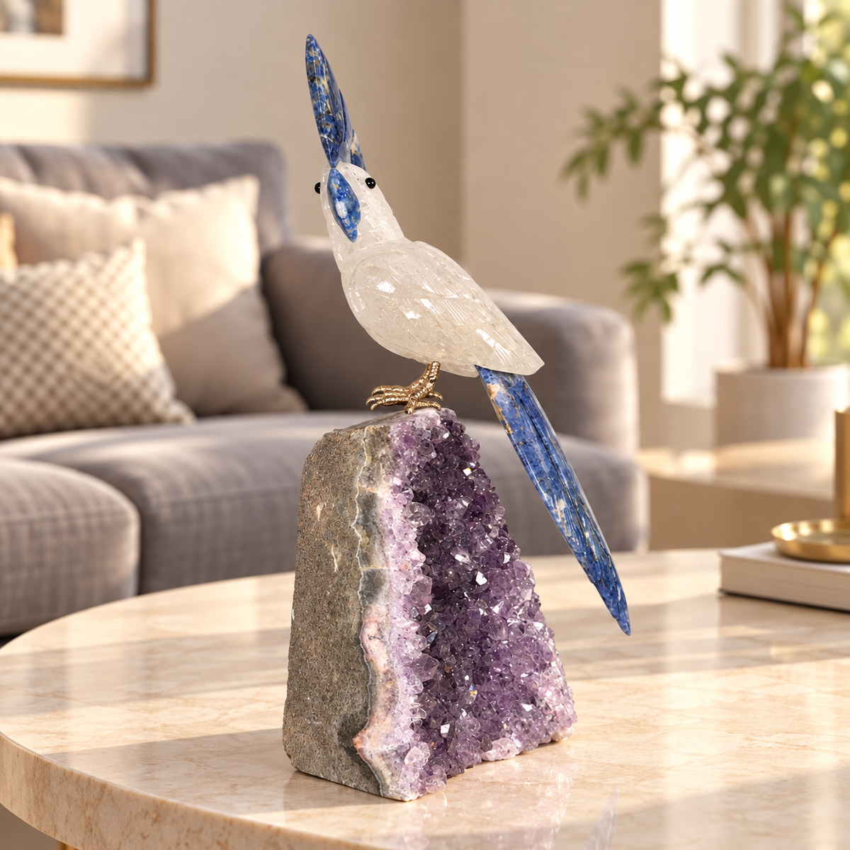 Aurevia Amethyst Gemstone Bird – Clear Quartz & Blue Sodalite Crystal Parrot Home Décor, Clarity & Harmony Symbol, 8.5 Inch, 1.1 kg