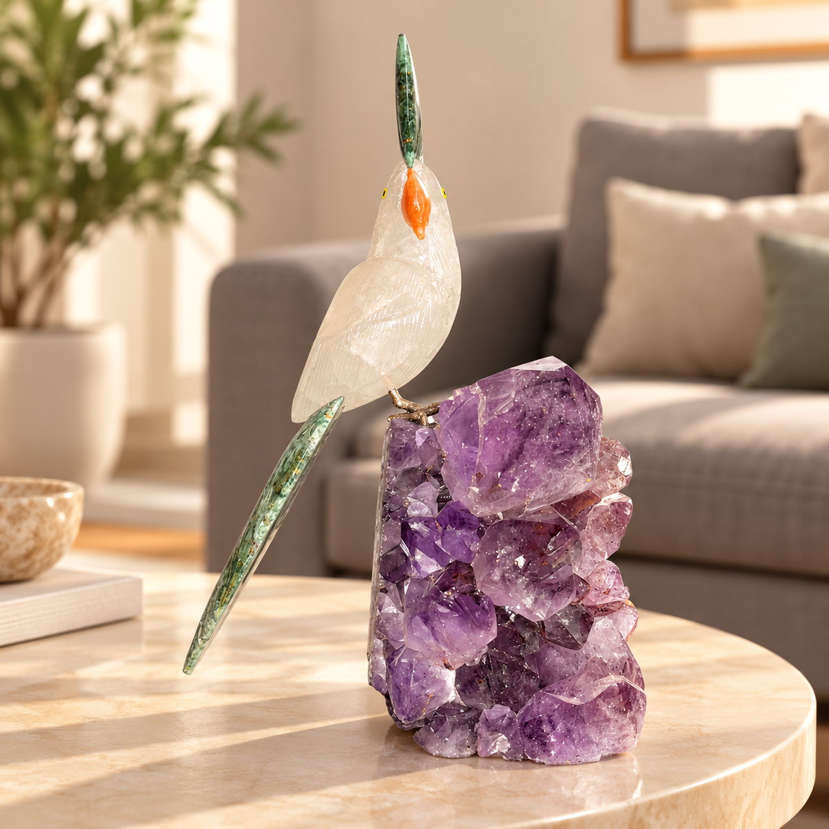 Aurevia Clear Quartz Gemstone Bird – Ruby Zoisite Crystal Parrot on Amethyst Base, Clarity & Harmony Symbol, 10 Inch, 1.8 kg