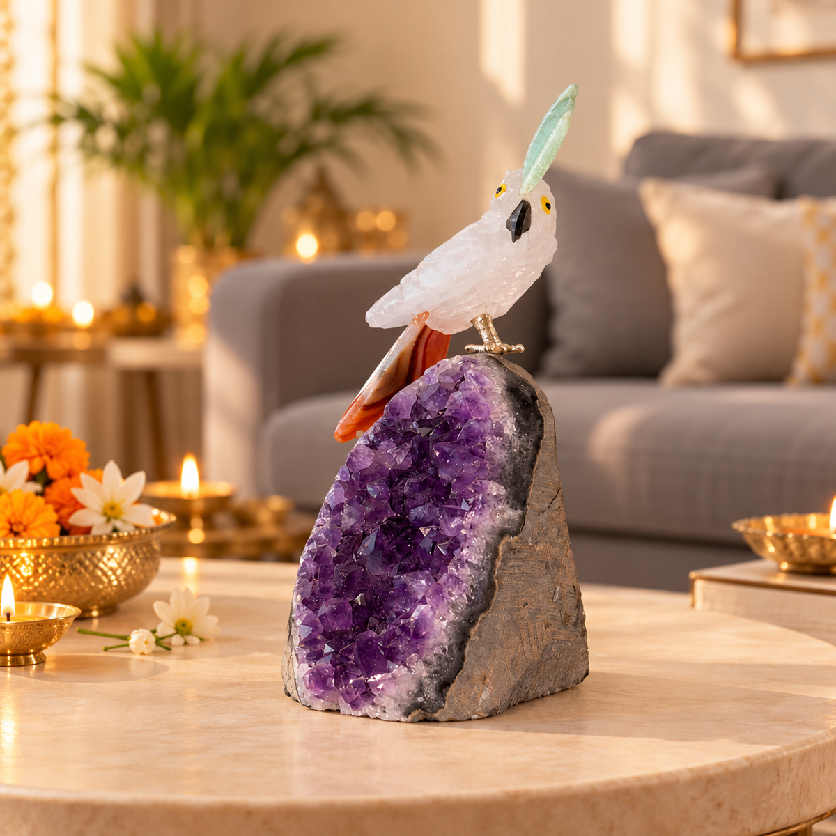 Clear Quartz Gemstone Parrot on Amethyst Base – Green Jade Crown & Brown Agate Tail, Clarity & Harmony Symbol, 4.5 Inch, 0.333 kg