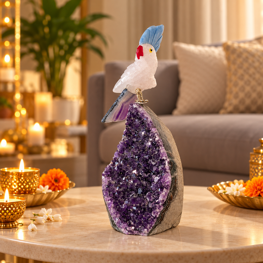 Roselle Amethyst Gemstone Bird – Rose Quartz Crystal Parrot with Lapis Lazuli Crown & Pink Agate Tail, Love, Harmony & Positive Energy Symbol | 5.5 Inch, 0.393 kg