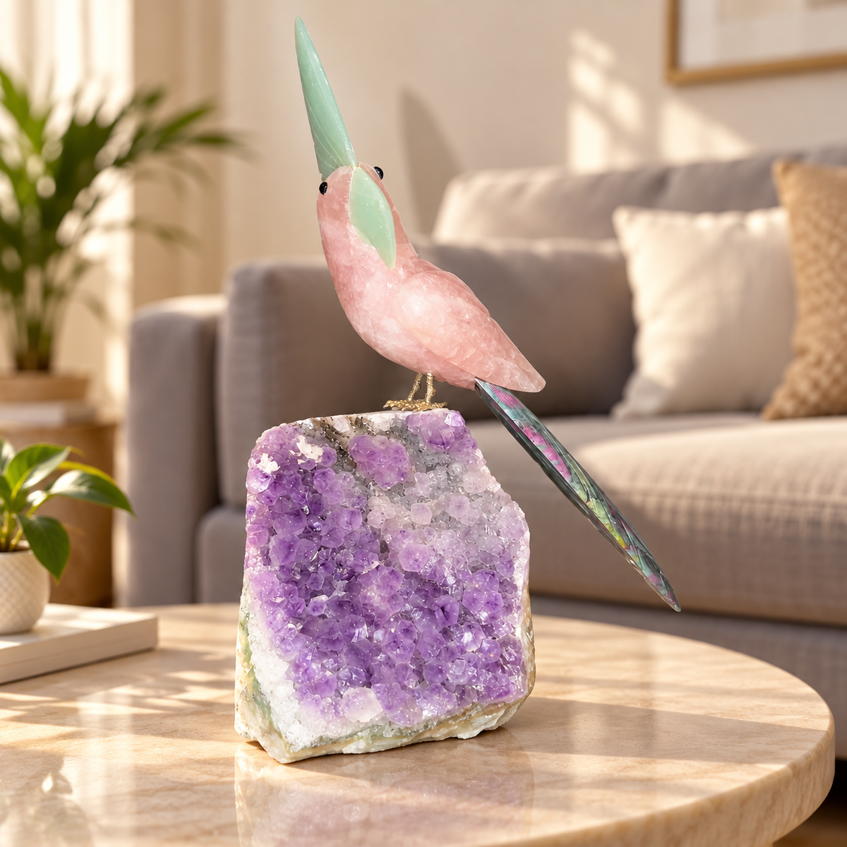 Aurevia Amethyst Gemstone Bird – Rose Quartz Crystal Parrot Home Décor, Love & Harmony Symbol