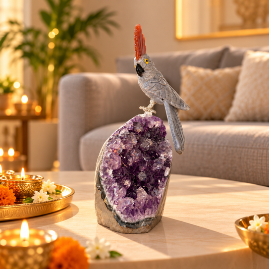 Grey Calcite Amethyst Gemstone Bird – Lapis Lazuli Tail & Orange Agate Crown, Crystal Parrot Home Décor, Peace & Clarity Symbol