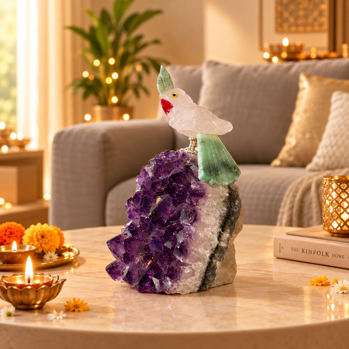 Aurevia Amethyst Gemstone Bird – Clear Quartz & Green Jade Crystal Parrot Home Décor, Clarity & Harmony Symbol, 4 Inch, 0.377 kg